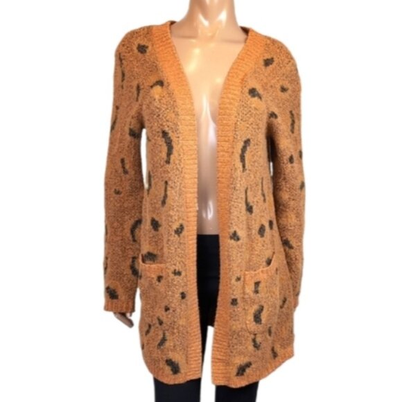 Woven Heart Open Longline Cardigan Sweater Fuzzy Leopard Print Winter Knit - Picture 1 of 11